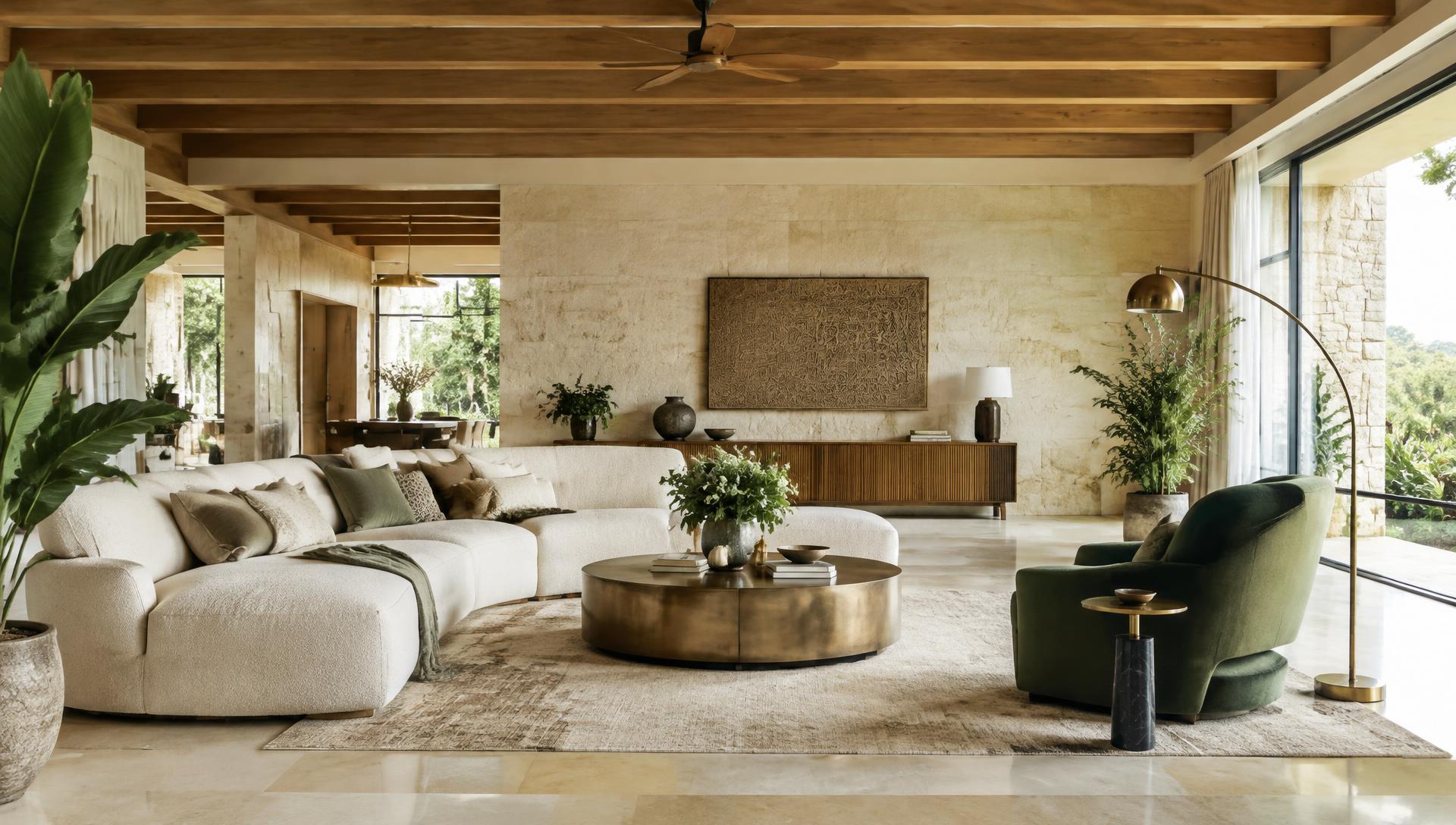 Contemporary living room concept with stone, oak and natural light